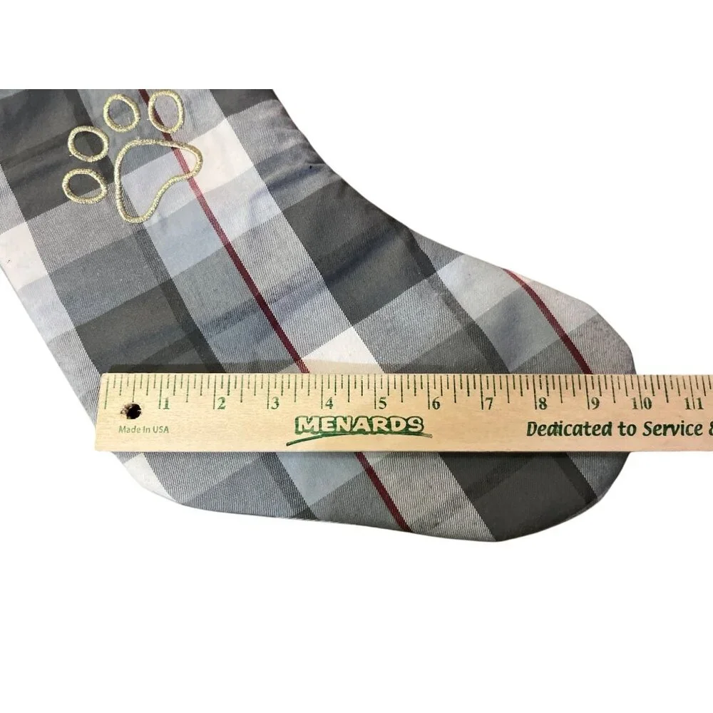 Dog Christmas Stocking Gray Plaid Paw Print Pet Holiday Stocking Faux Fur Cuff U